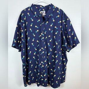 HB Mens Pineapple Button‎ Down Shirt Blue Size 2XL Short Sleeve Tropical Summer